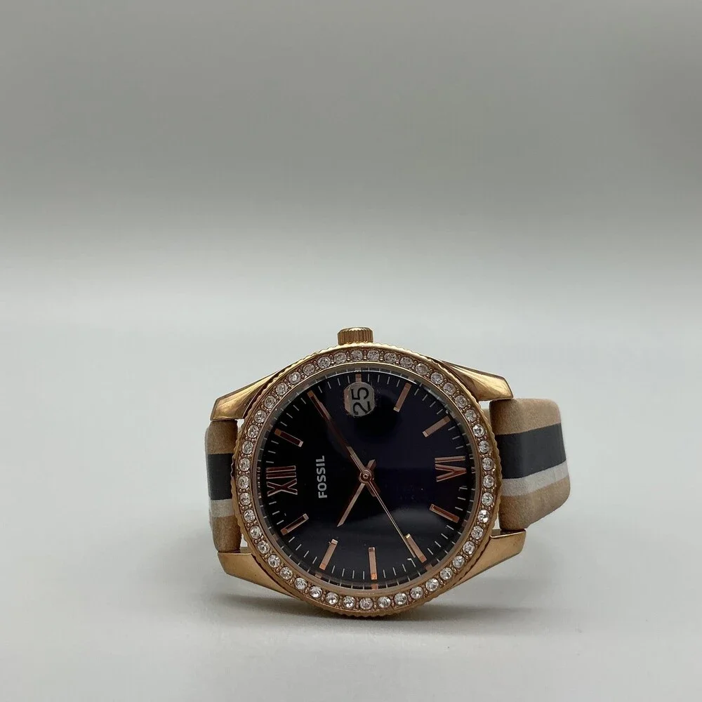 Fossil Scarlette ES4594 Womens Watch 32mm Blue Dial Crystals Leather New Battery